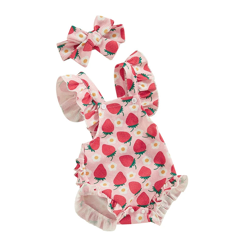 Summer Infant Baby Girls Bodysuit and Headband Flower Print Fly Sleeve Jumpsuit Casual Clothes