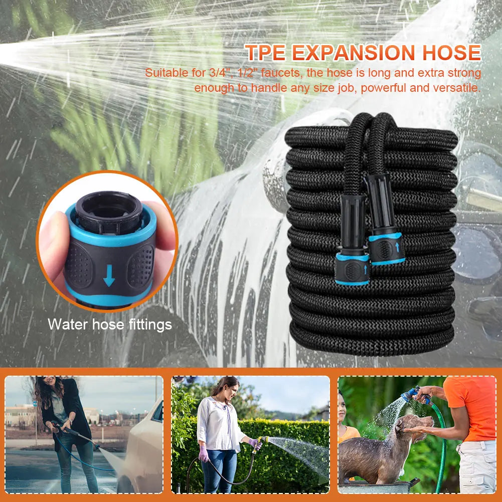 25FT-100FT(after water injection) Expandable Magic Hose Suitable for 3/4 " 1/2" Faucets High-Pressure Car Wash Water Gun Hose