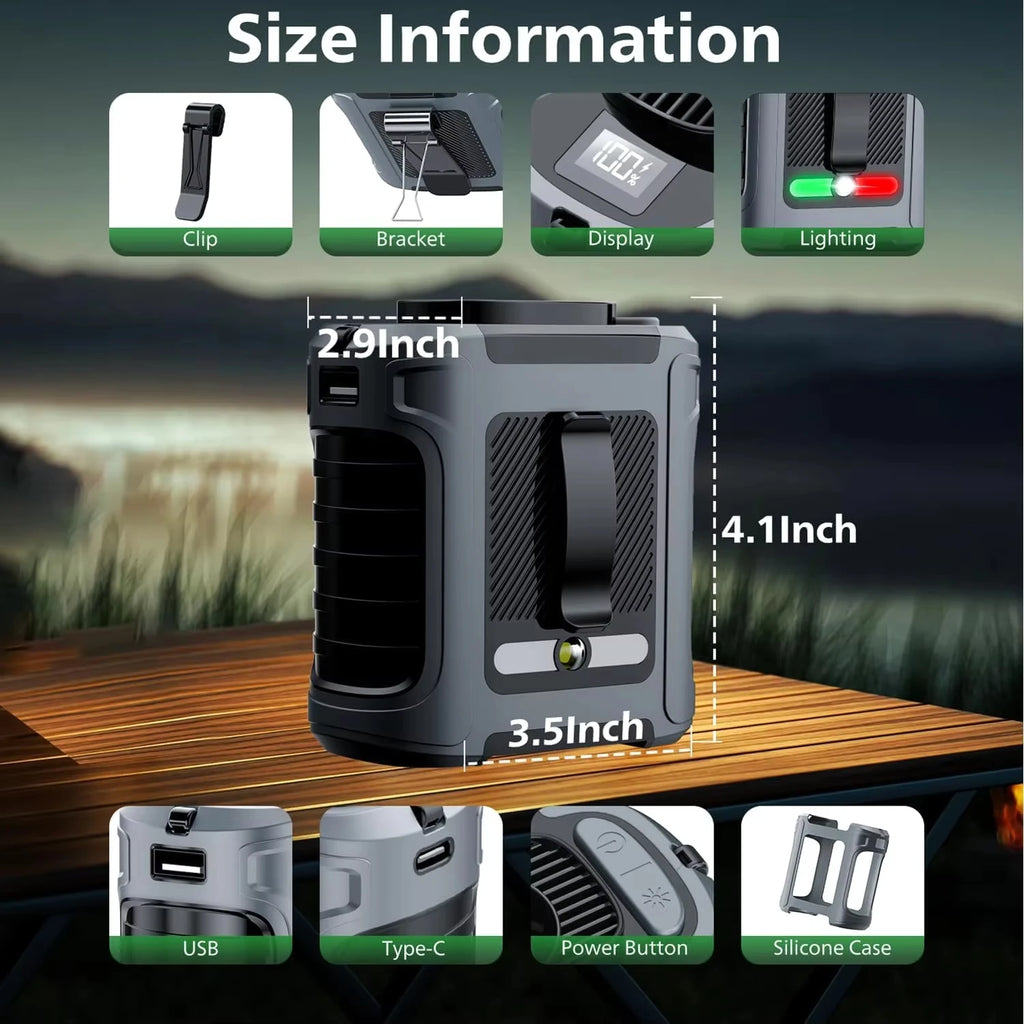 Portable Waist Fan with 8000mAh Rechargeable Battery LED Light Brushless Motor 5 Speed Levels Lasts 5-8 Hours for Outdoor Use