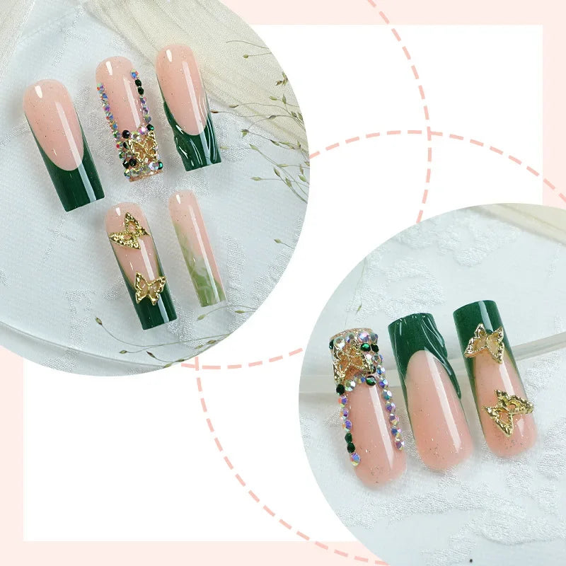 24Pcs Green French Golden Butterfly Square Press On Nails,Reusable Removable,For Daily Wear,High Quality Nail Art
