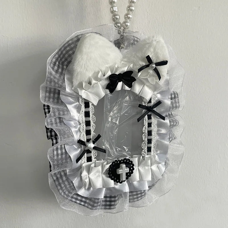 Plush Photocard Protector with Ribbon & Lace - Soft Card Sleeve for Toploader, Kpop Anime Idol Display Case, Cute DIY Holder for Fans Gift