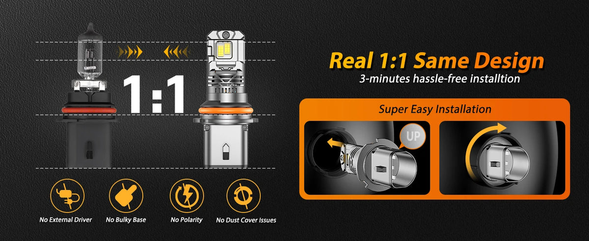 FAHREN LED 9007 Led Headlight Bulb,1:1 Size with Cooling Fan HB5 9007 Led Lights, 6500K Cool White IP68 Fog Light,Pack of 2