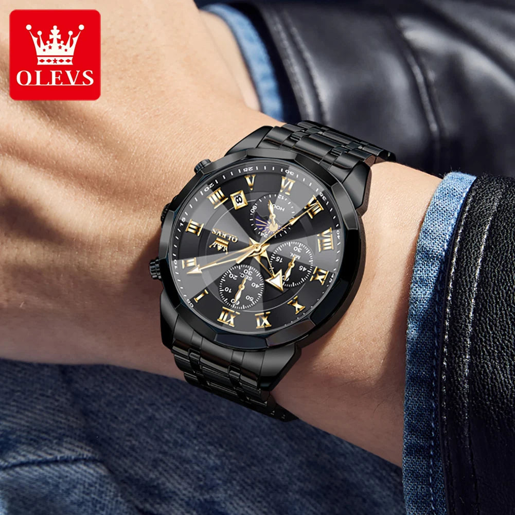 OLEVS Men's Chronograph Watch with Moon Phase, Waterproof Multifunction Quartz Wristwatch