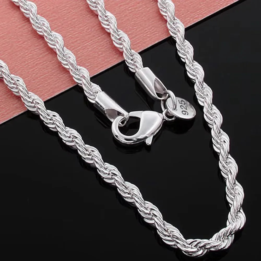 925 Sterling Silver Rope Chain Necklace and Bracelet Set, 4mm, for Men and Women