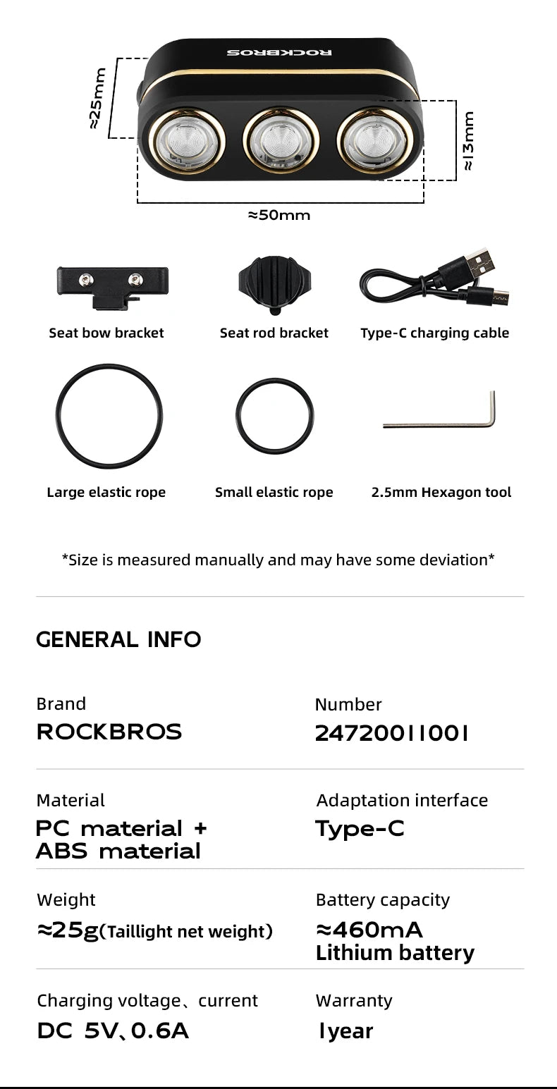 ROCKBROS Bicycle Smart Brake Tail Light MTB Road Bike Auto Brake Sensing Light IP64 Waterproof Type-C Charging Warning Taillight