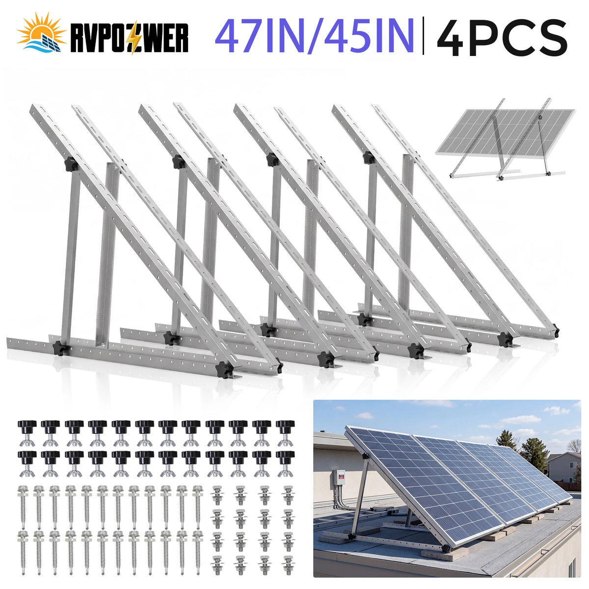 47/45 Inch Upgraded Adjustable Solar Panel Tilt Mount Bracket Foldable Tilt Legs Stand Supports 100‑500W Solar Panels 1/2/4 Pack for Roof RV Boat