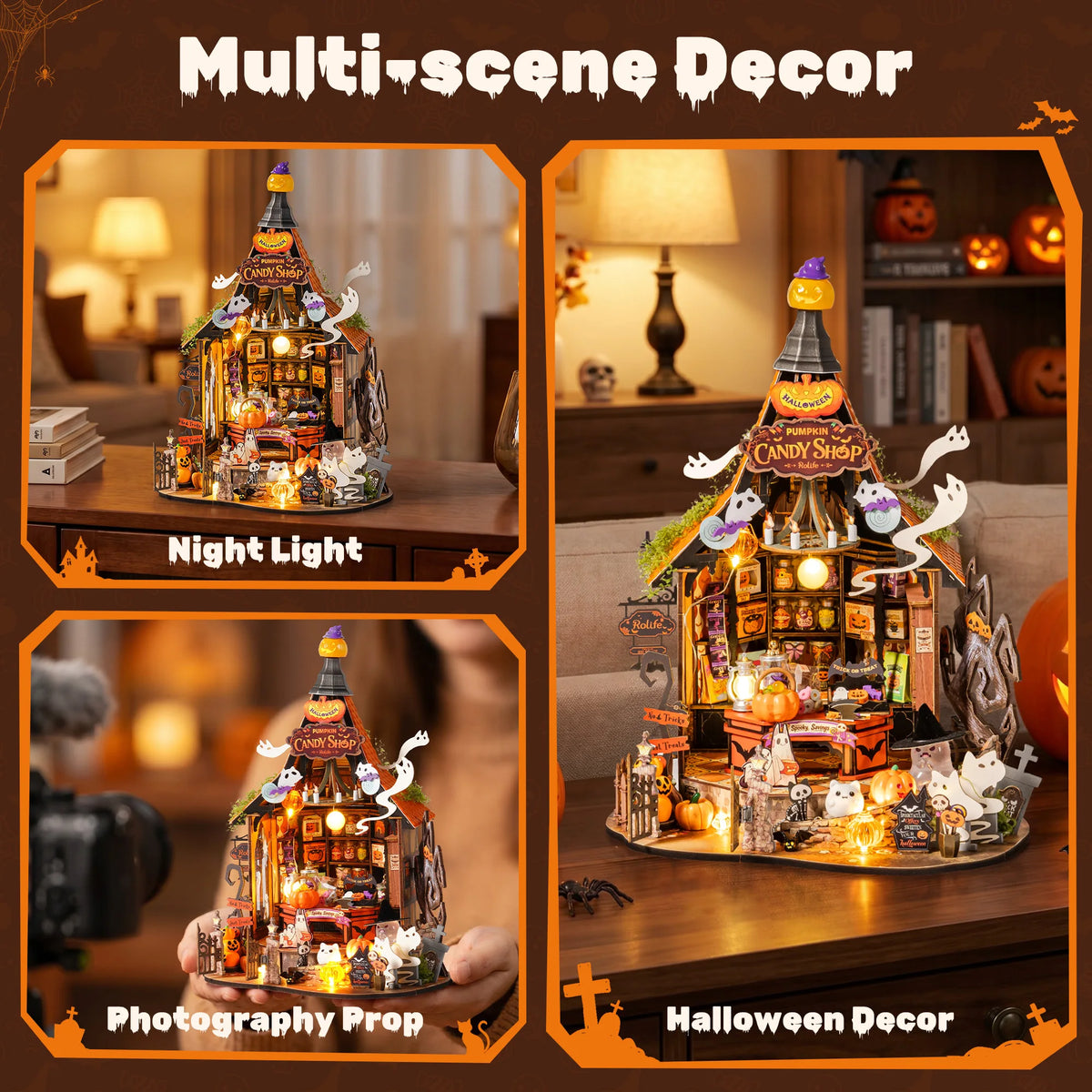 Rolife DIY Miniature House Kit Haunted Candy House Wooden Dollhouse Model Building Kit with LED Light for Home Decor Holiday Gift for Adults Friends