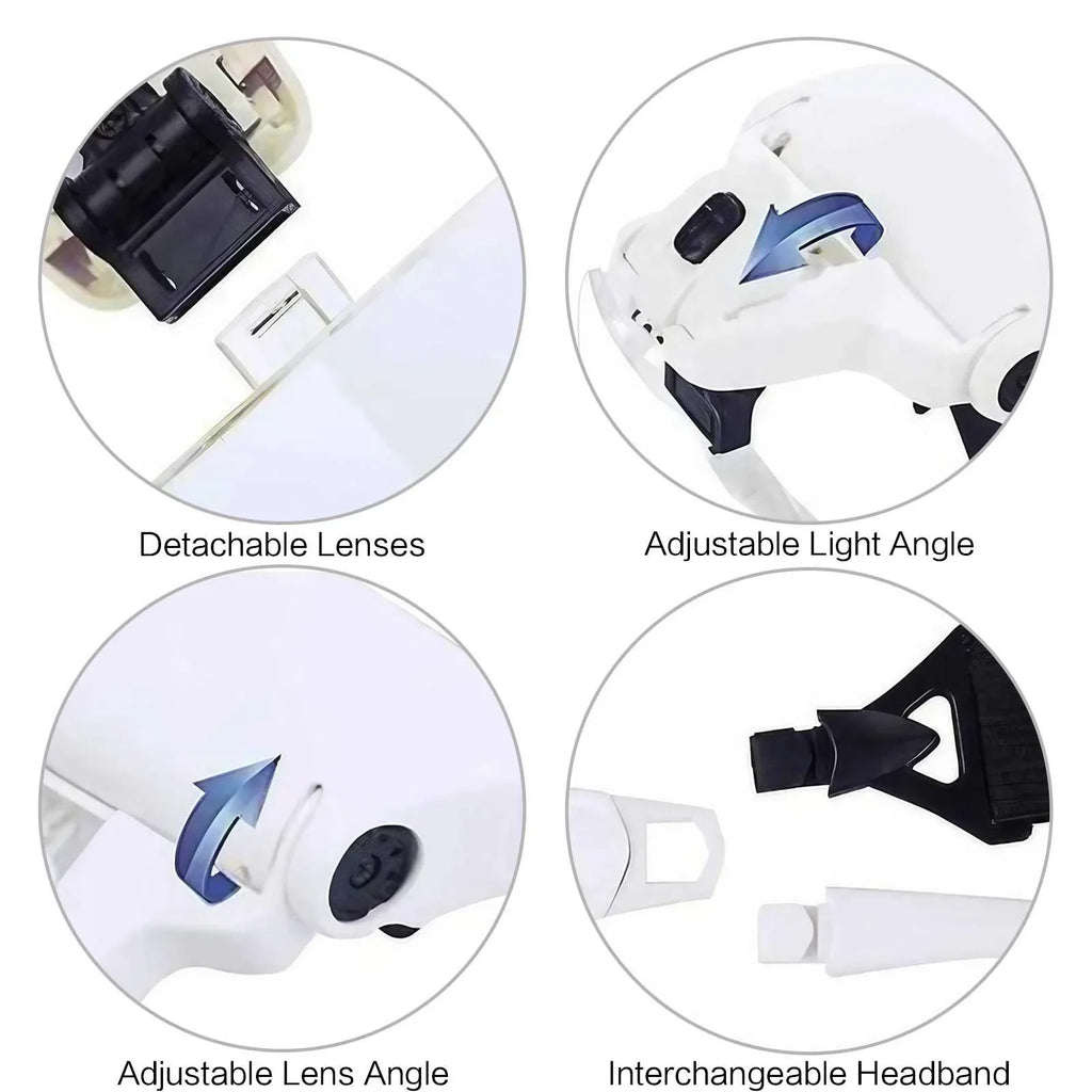 LED Head Magnifier with 5 Lenses 10X to 35X Adjustable Focus Hands Free Loupe for Precise Work Ideal for Crafts and Close Detail Magnification Glasses for Hobbyists and Professionals Lightweight Comfortable Wear