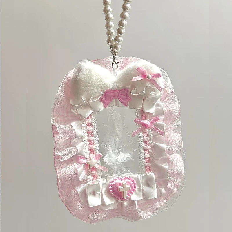 Plush Photocard Protector with Ribbon & Lace - Soft Card Sleeve for Toploader, Kpop Anime Idol Display Case, Cute DIY Holder for Fans Gift