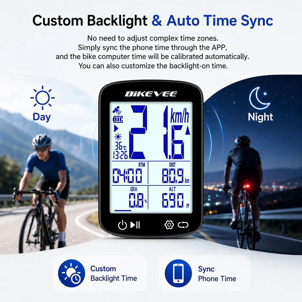 Bikevee 2.4-inch Professional Wireless Bluetooth Bicycle Computer MPH KM/H USB Rechargeable Multifunctional GPS Bike Speedometer Odometer with Auto Start/Stop Backlight Outdoor Riding Accessories Connect BIKEVEE APP