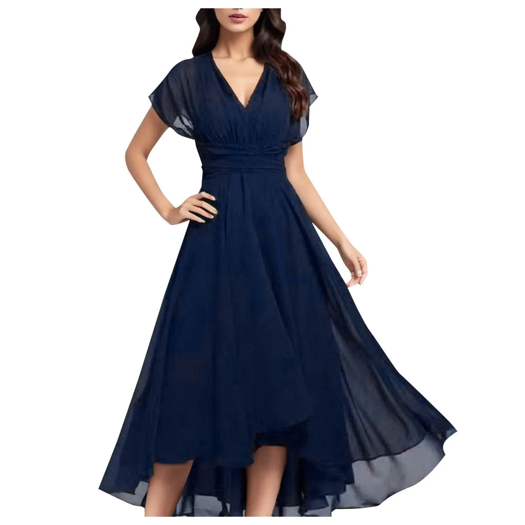 Women's Chiffon V-Neck A-Line Long Dress, High Waist Short Sleeve Evening and Cocktail Dress