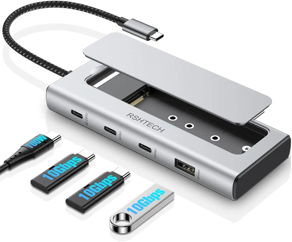 RSHTECH 5-in-1 Aluminium USB-C Hub with M.2 NVMe and SATA SSD Enclosure, 10Gbps, 3 USB 3.2 Ports, 100W Power Delivery