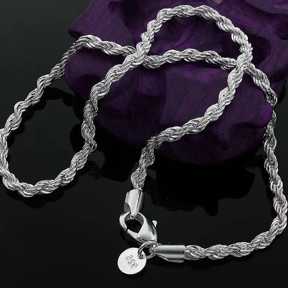 925 Sterling Silver Rope Chain Necklace and Bracelet Set, 4mm, for Men and Women