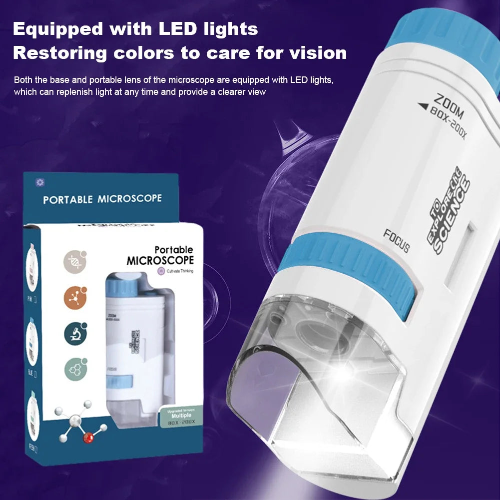Mini Microscope Kit with LED Light Learning Science Microscope Battery Powered Portable Mini Microscope Outdoor Children Toy