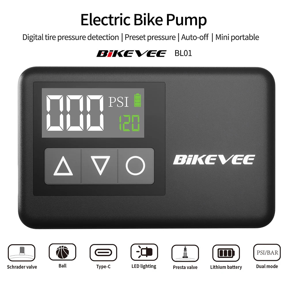 Bikevee Universal Rechargeable Portable Electric Mini Bike Air Pump Wireless with Smart LCD Digital Gauge Tire Inflator Auto Shut-Off Car Motorcycle Road MTB Bike Dedicated Electric Air Pump