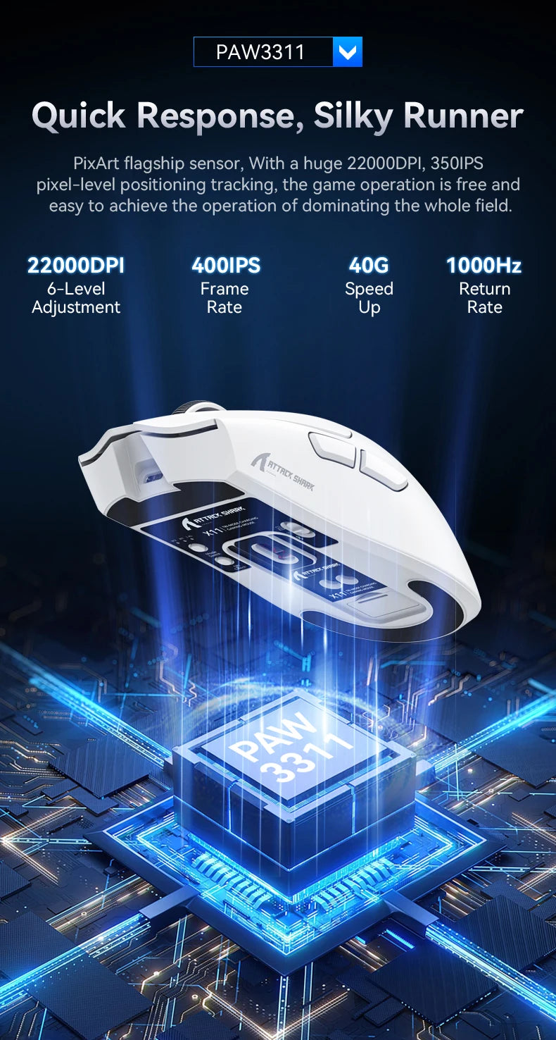 X11 Lightweight Wireless Gaming Mouse with RGB Backlight Charging, Up to 22K DPI, PAW3311 Optical Sensor, HUYU Swit