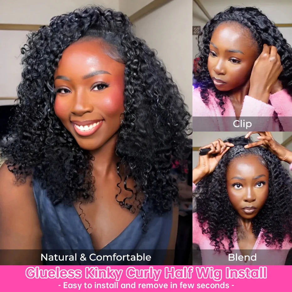 250 Density Kinky Curly Half Wig Double Drawn Invisible Drawstring Machine Made Wigs Human Hair Invisible Hairline Half Wig Natural Colored Ponytail