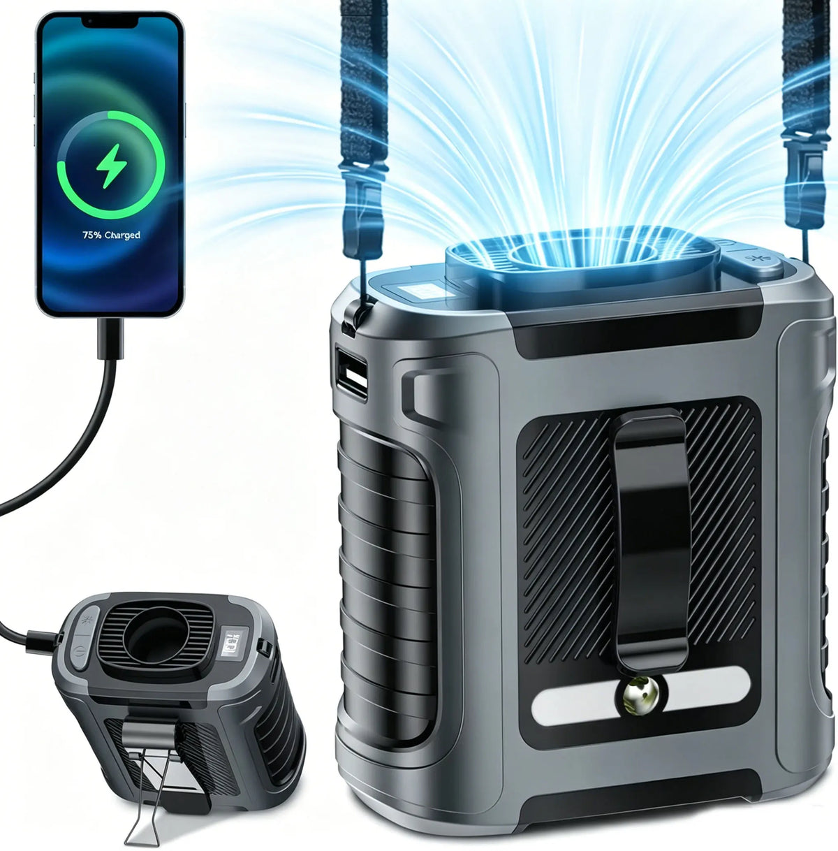 Portable Waist Fan with 8000mAh Rechargeable Battery LED Light Brushless Motor 5 Speed Levels Lasts 5-8 Hours for Outdoor Use