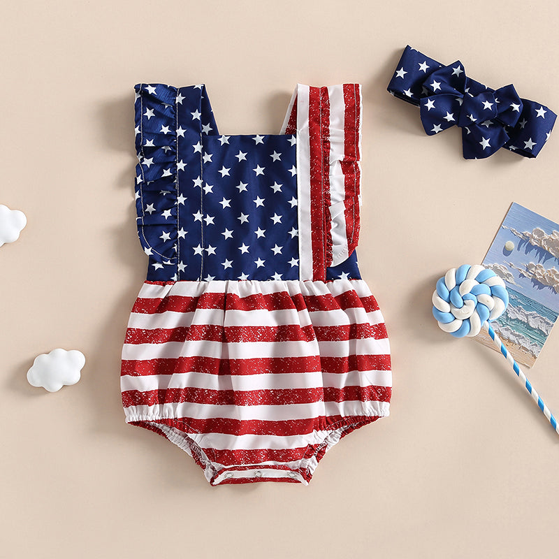 Infant Baby Girl Patriotic Ruffle Bodysuit and Headband Set, Sleeveless Summer Outfit