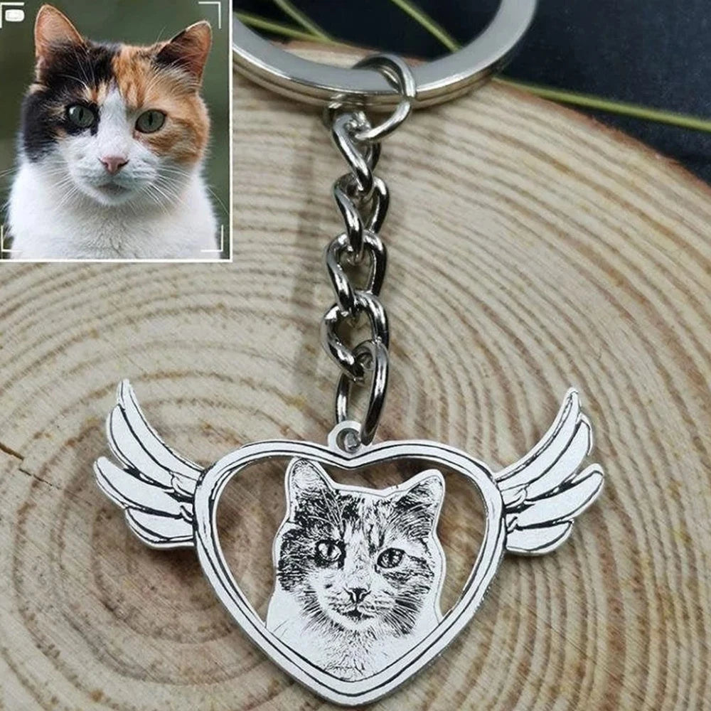 Personalized Pet Photo Necklace or Keychain, Engraved Custom Dog and Cat Memorial Pendant