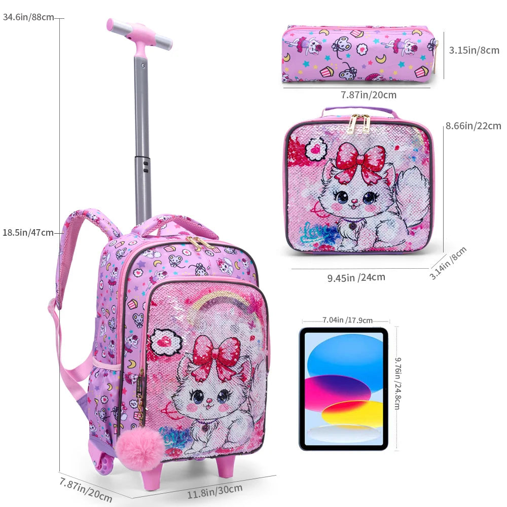 3 Piece Kids Travel Set, Pink Cat Sequin Rolling Bookbag with Wheels, Lunch Box and Pen Bag, Reflective Detail