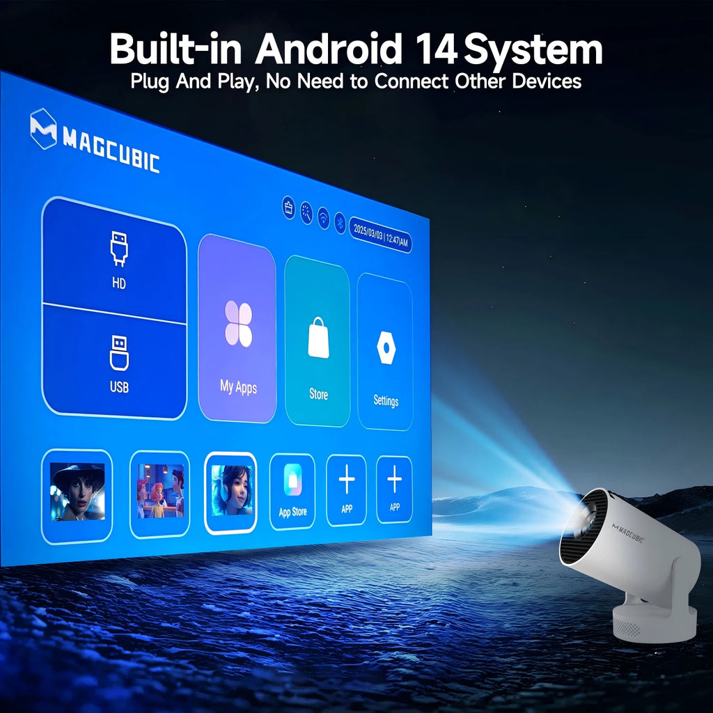 HY300 Pro + Projector 8K 720P With 5W Speaker Android 14 8000 Lumens WiFi 6 BT5.4 Outdoor Video Home Theater Projector
