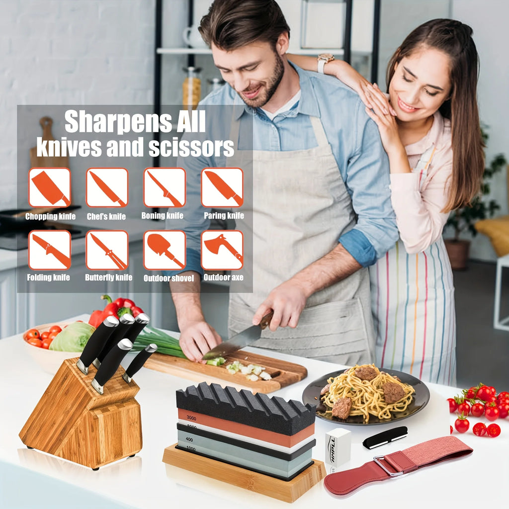 Professional Knife Sharpening Stone Set – 400/1000/3000/8000 Grit Whetstones, Bamboo Base, Angle Guide, Leather Strop
