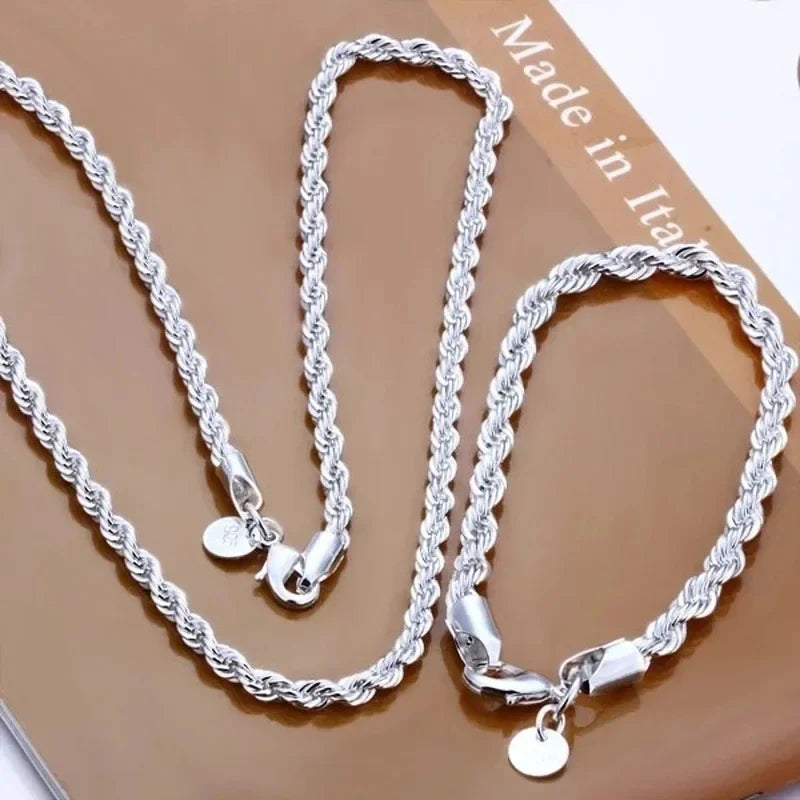 925 Sterling Silver Rope Chain Necklace and Bracelet Set, 4mm, for Men and Women