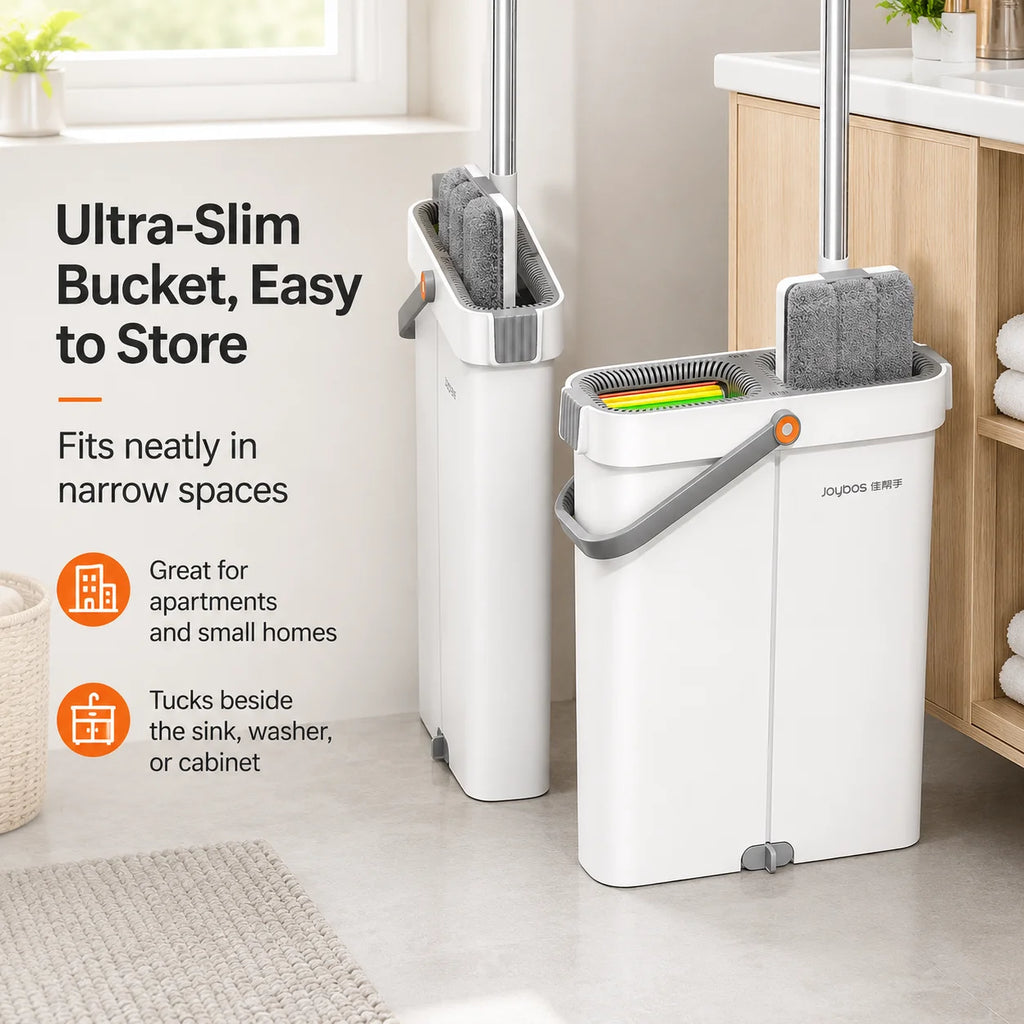 Ultra-Slim Flat Mop and Bucket System, Hands-Free Wash & Dry Floor Mop Set with 2 Microfiber Pads
