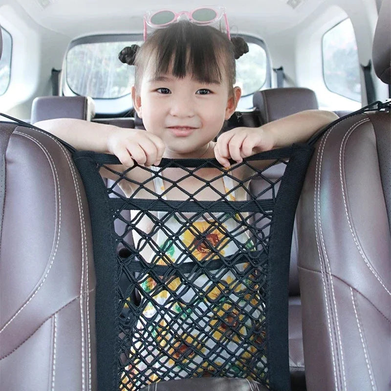 Car Seat Storage Net Bag and Pet Barrier, Stretchable Mesh Organizer Between Seats