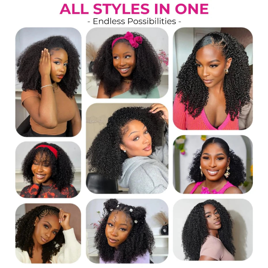 250 Density Kinky Curly Half Wig Double Drawn Invisible Drawstring Machine Made Wigs Human Hair Invisible Hairline Half Wig Natural Colored Ponytail