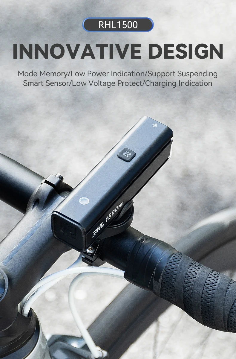 ROCKBROS Bike Light 1500LM 5000mAh Bicycle Lights IPX6 Aluminum Type-C Rechargeable Smart Brightness Sense Adjust Cycling Lamp
