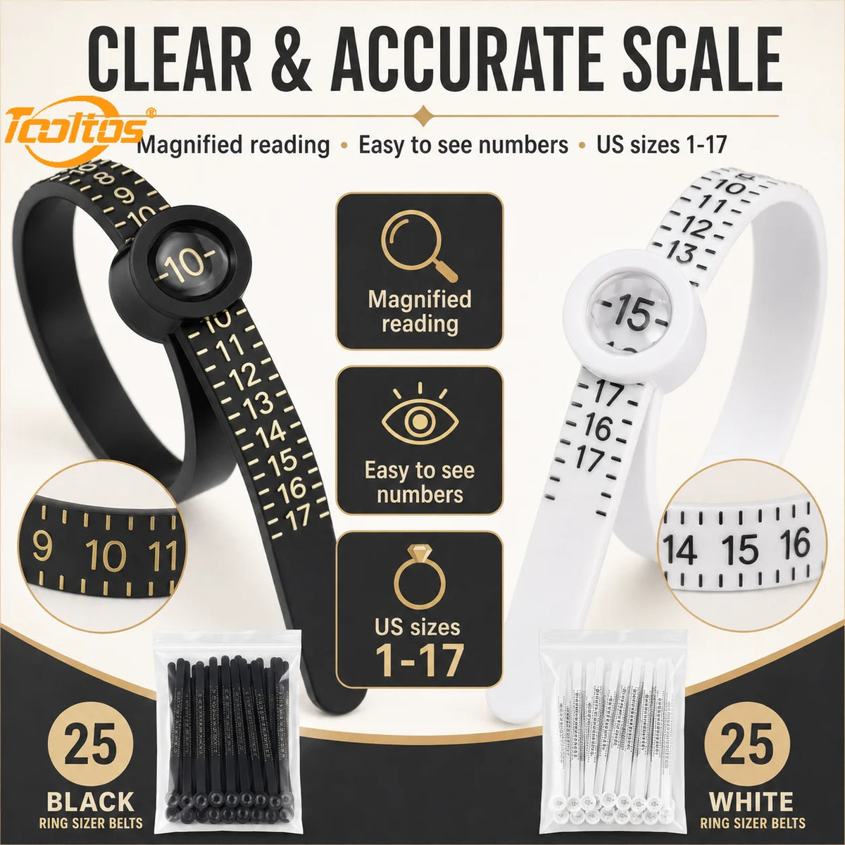 TOOLTOS 50PCS Ring Sizer Measuring Belts with Magnifier US Size 1-17 Adjustable Finger Gauge Black White Jewelry Ring Measuring Tools
