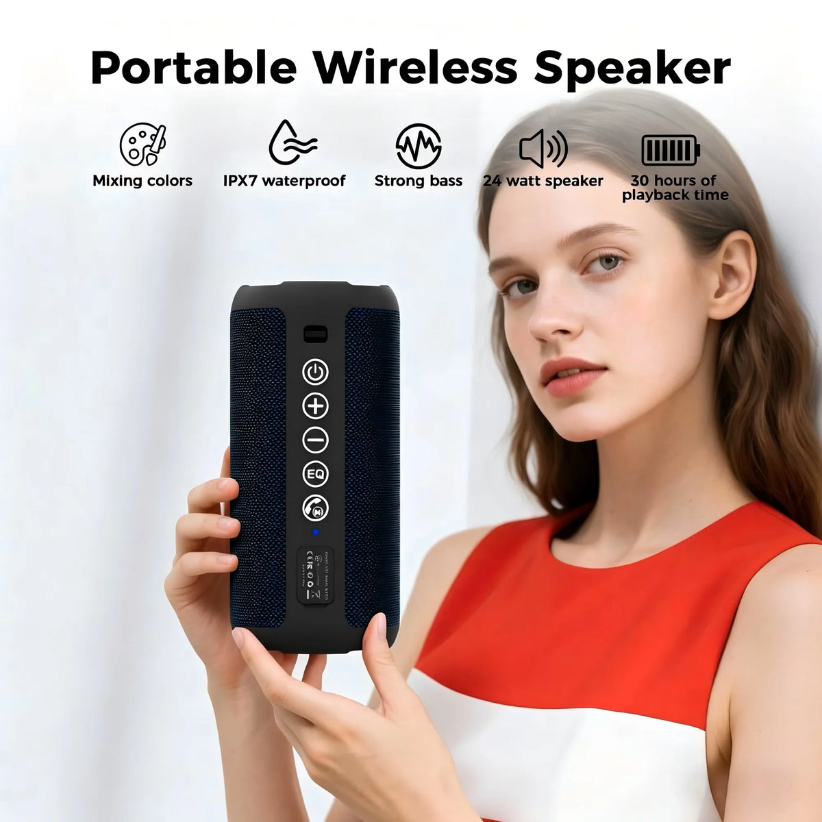 24W Portable Bluetooth Speaker, IPX7 Waterproof with LED Lights