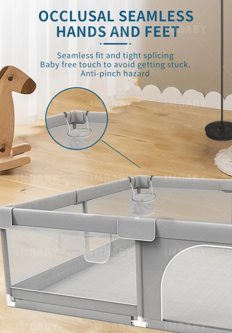 Baby Playpen with Safety Gate, Large Indoor Play Yard Fence for Toddlers, Light Gray