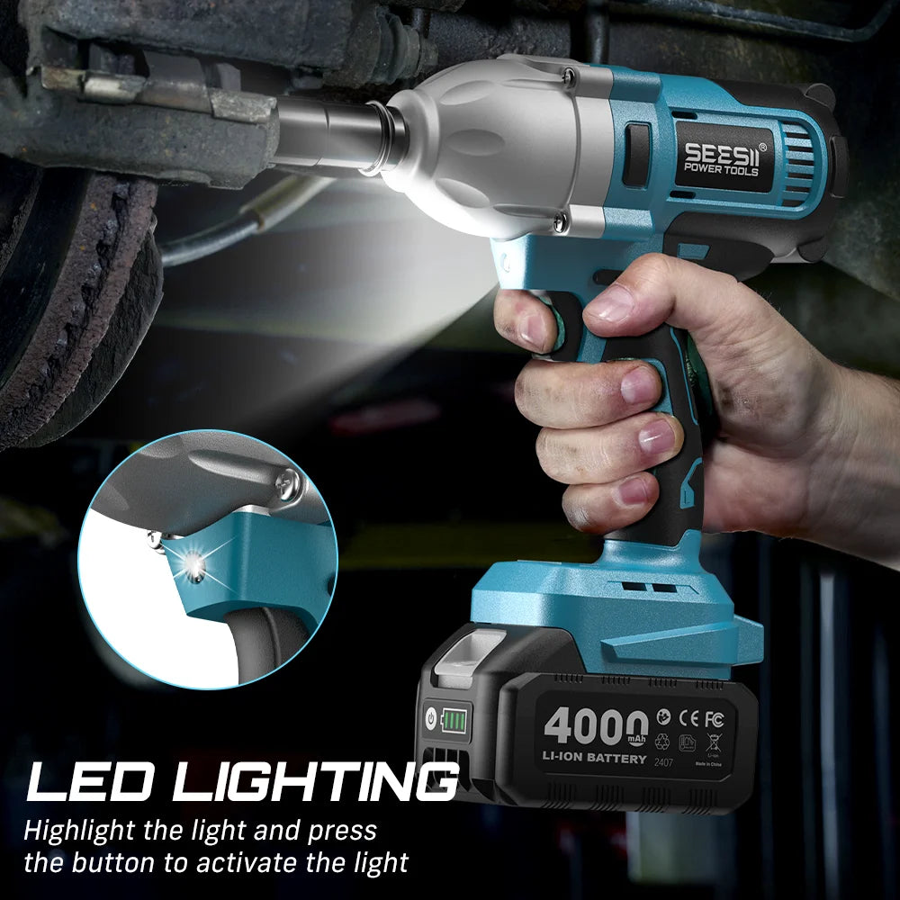 SEESII WH710 Pro 1200N.m Electric Impact Wrench Brushless 1/2" High Torque Handheld Cordless Impact Gun Tool Kit LED Light 6 Socket