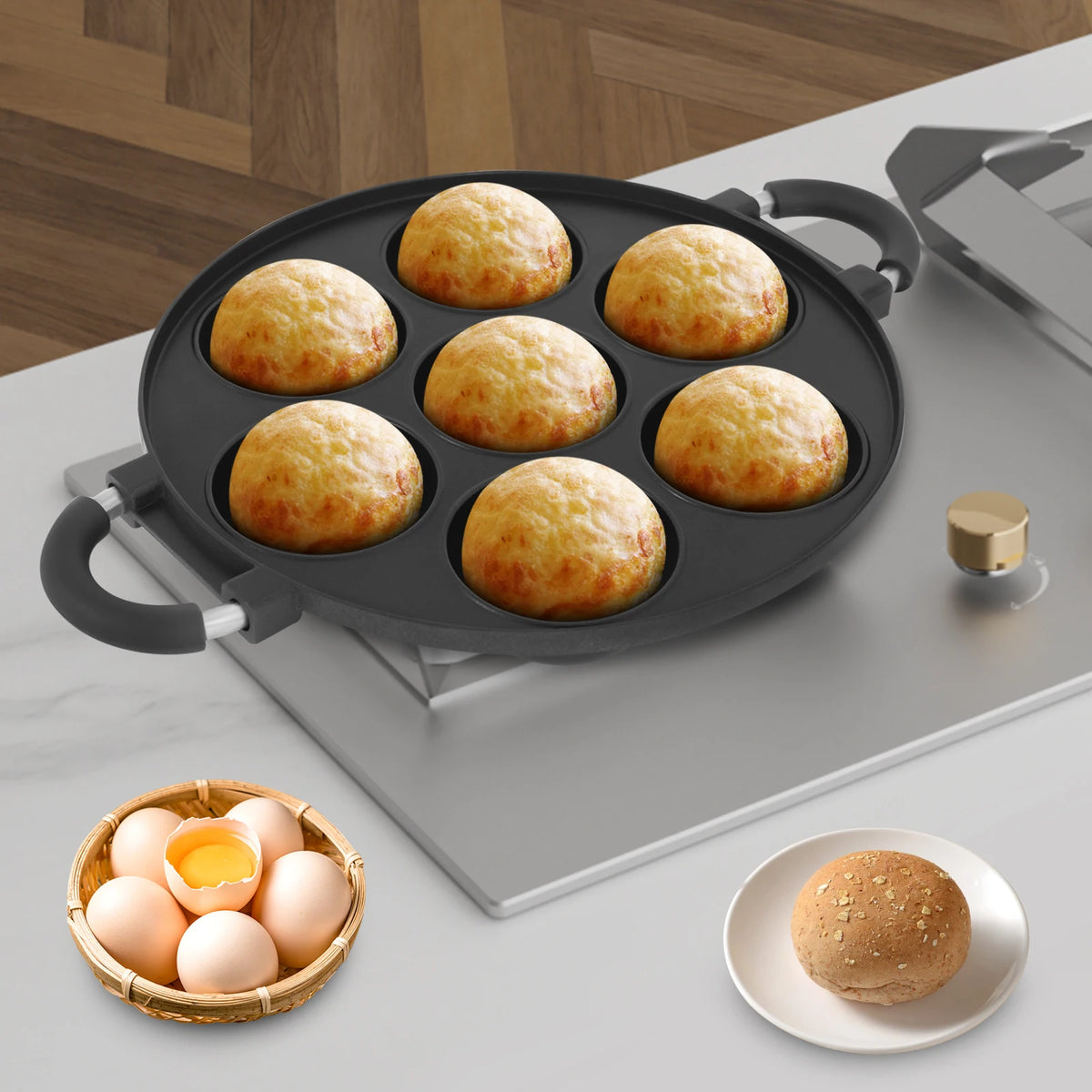 7-Hole Cake Mold Baking Pan with Handle Cake Cooking Pan Takoyaki Maker Non-stick Omelette Pan Kitchenware for Home Bakery Café