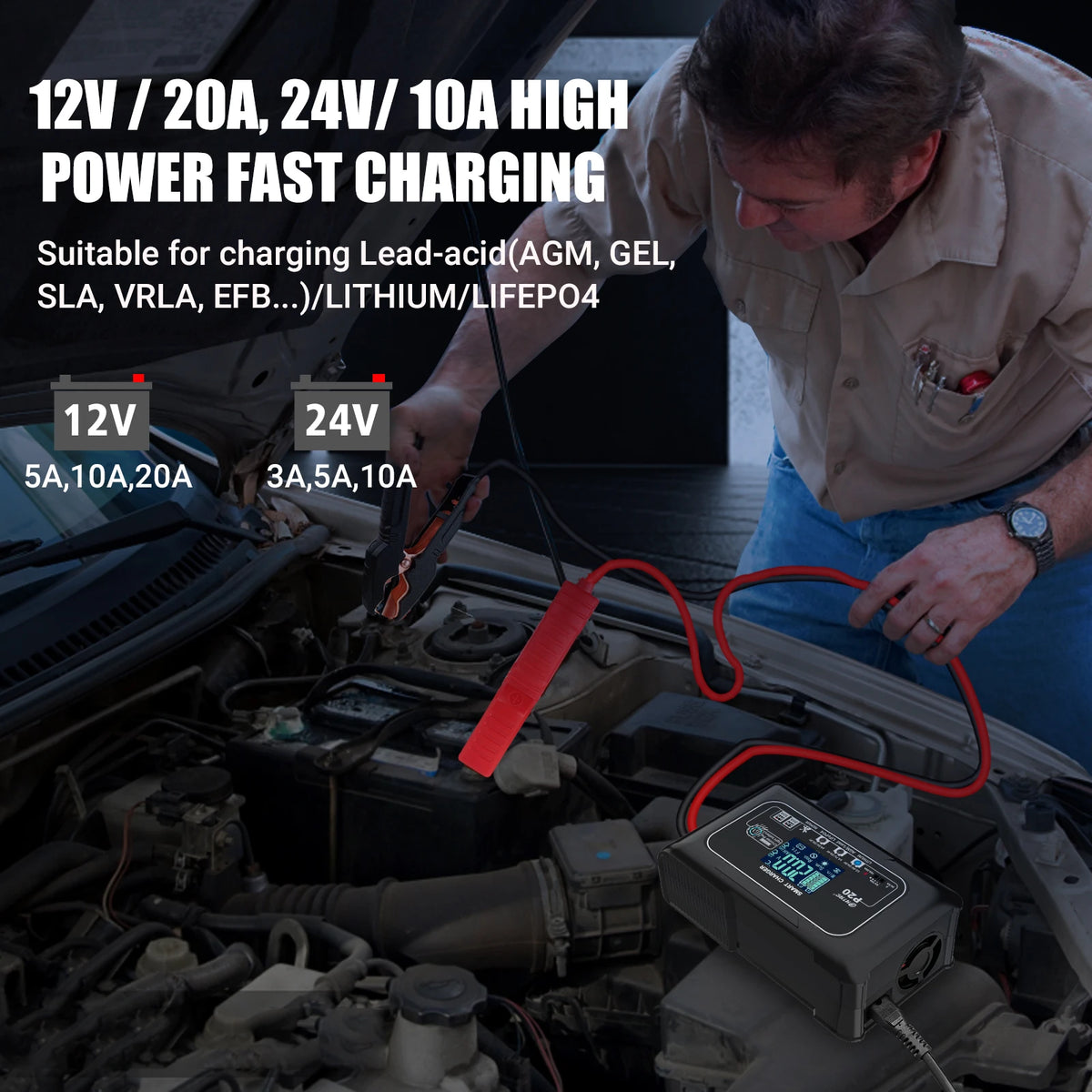 20A 12V-24V Smart Battery Charger for Motorcycle Car Battery Repair Auto Moto Lead Acid AGM GEL PB Lithium LiFePo4 Batteri