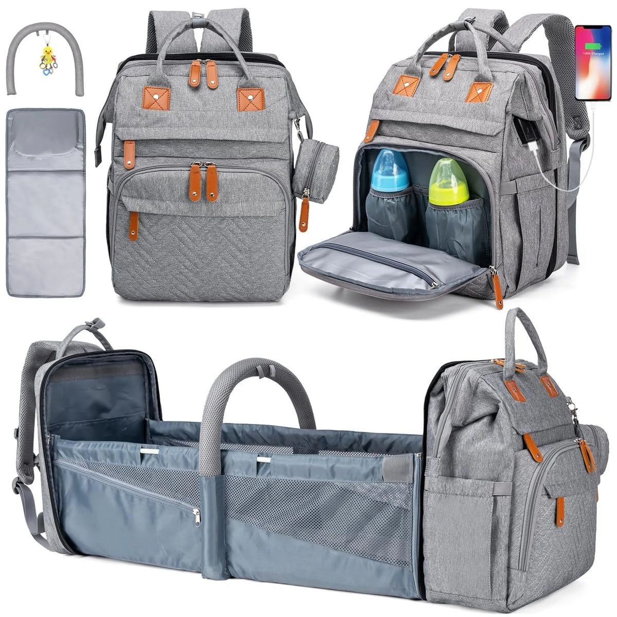 Baby Diaper Bags with Changing Station, Waterproof Large Capacity Diaper Bag Backpack for Moms Dads with USB Charging Port and Stroller Straps