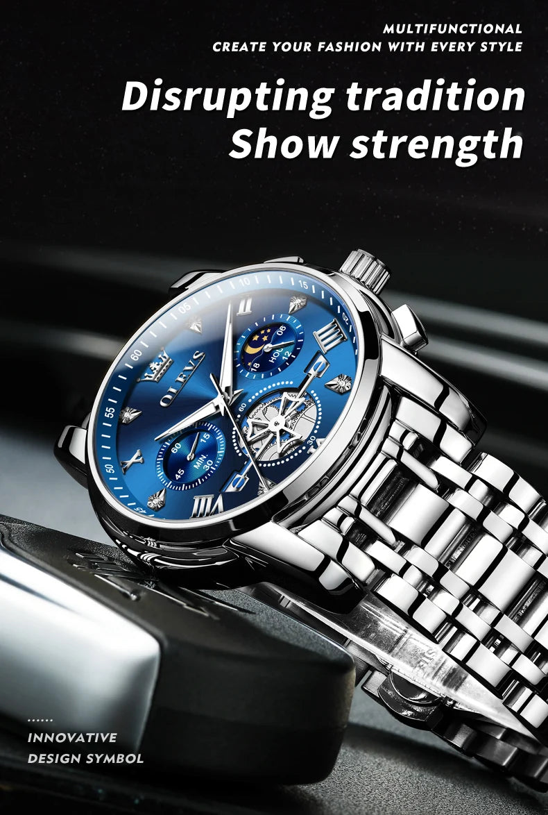 OLEVS Men's Skeleton Chronograph Watch with Moon Phase, Stainless Steel Quartz Wristwatch