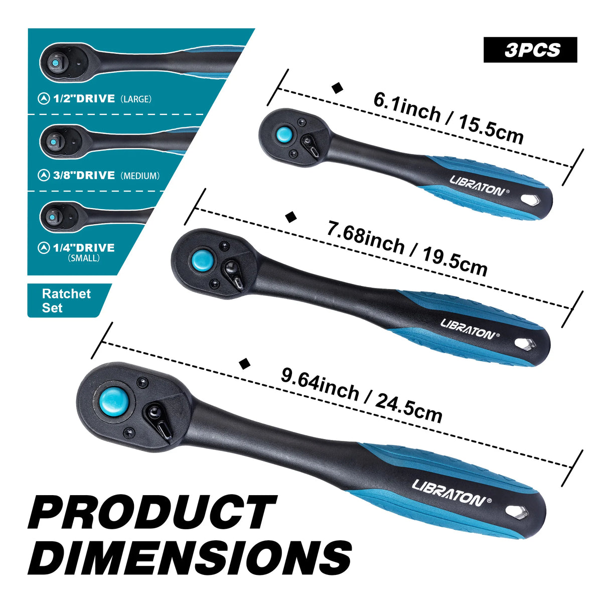 Reversible Ratchet Wrench Set, 1/4", 3/8", 1/2" (3 Pieces)
