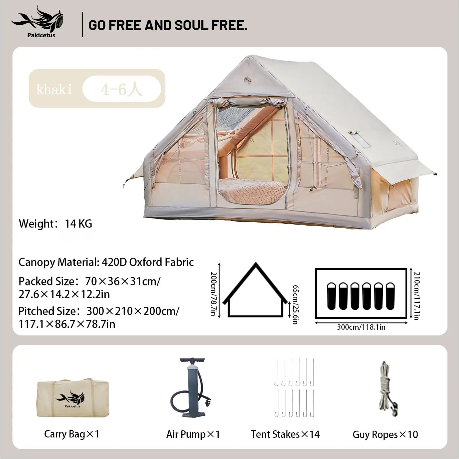 Pakicetus Quick Setup Inflatable Camping Tent, Waterproof Family Tent for 4-8 Persons, Portable Air Tent with Carry Bag
