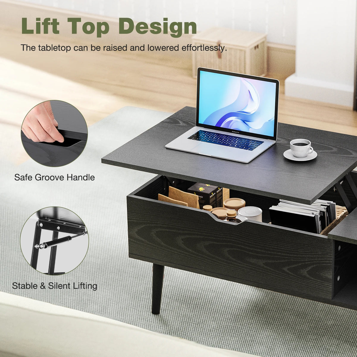Lift-Top Coffee Table with Hidden Storage Shelf, 39 x 20 Inch