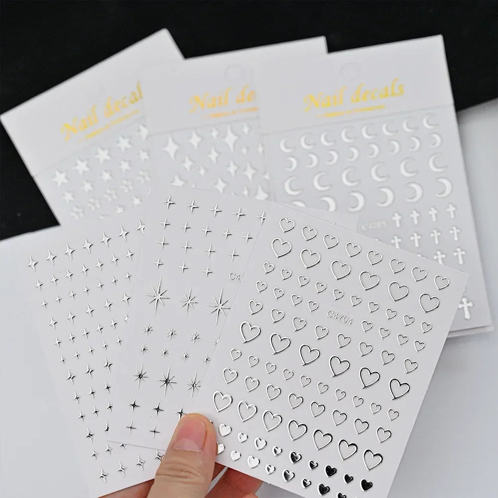 3D Silver Star & Heart Nail Stickers, 6 Sheets
