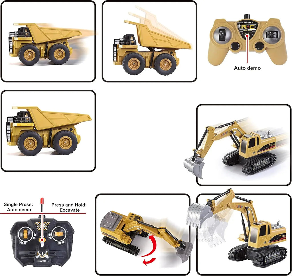 JOYFY 2 PCS Remote Control Construction Vehicle Toy Set Friction-Powered RC Excavator & RC Truck for Kid Christmas Birthday Gift