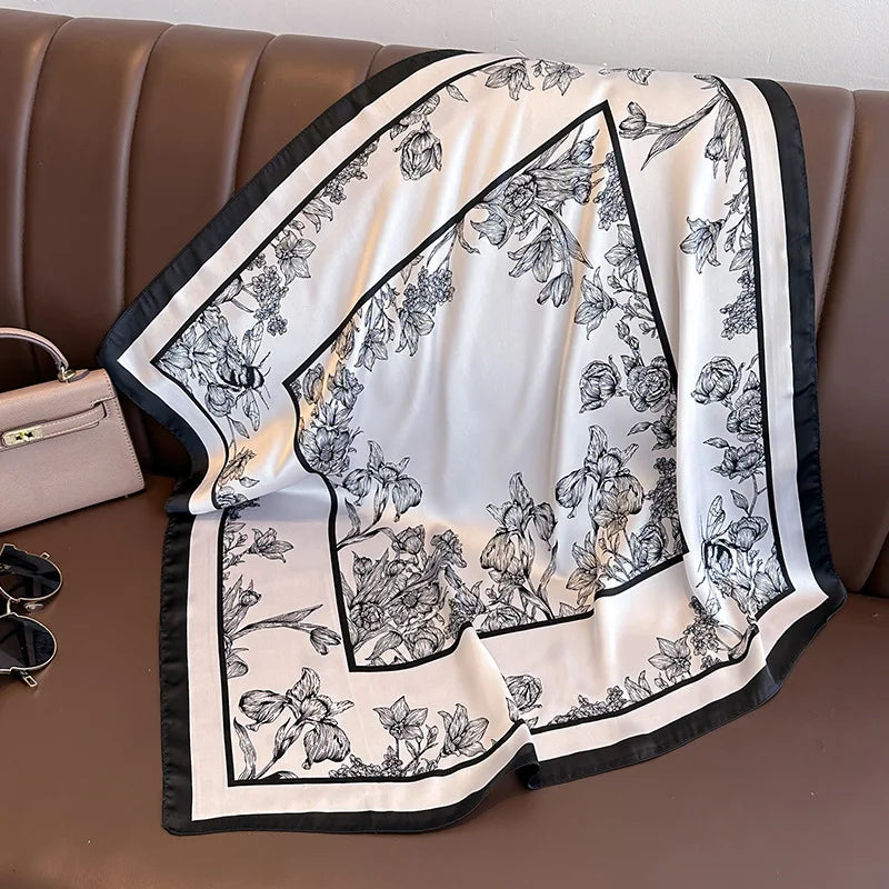 Luxury Floral Print Satin Square Scarf 27 inch, Hairband, Bag Ribbon and Neckerchief