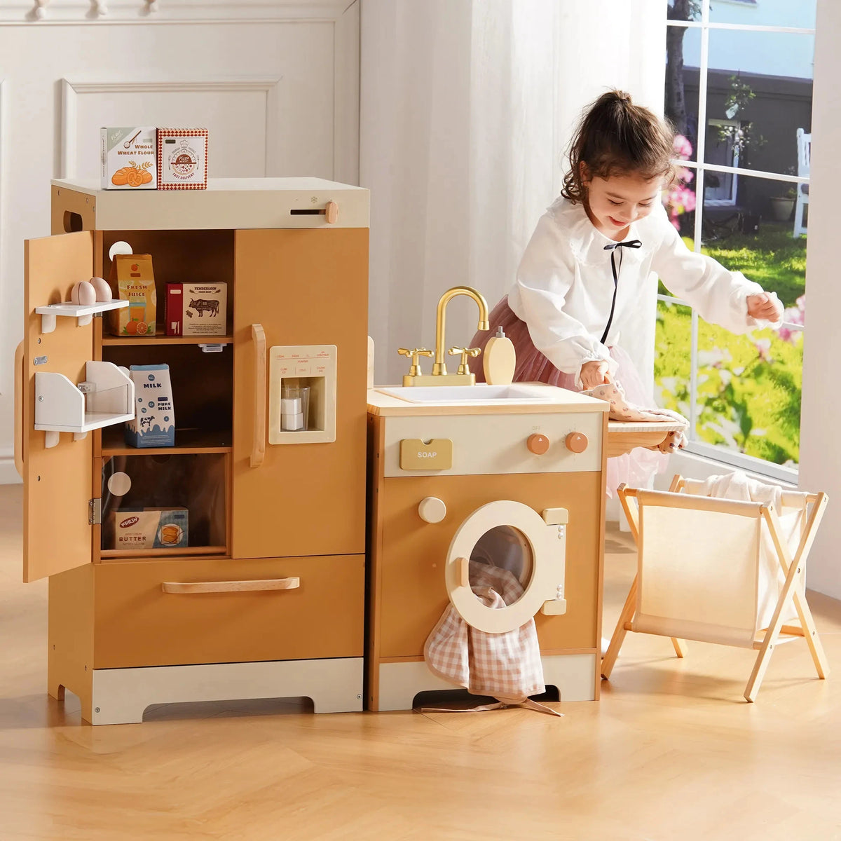 Robud Kids Wooden Play Kitchen All in One Corner Set Includes Oven Refrigerator Washer Perfect Birthday Gift for Little Chefs