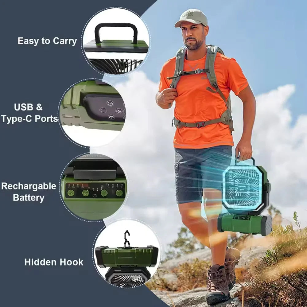 2026 New 20000mAh Battery Powered Fan Camping Fan with 360° Rotation Hanging Hook for Fishing Tents Desk Rechargeable Camping Ceiling Fan