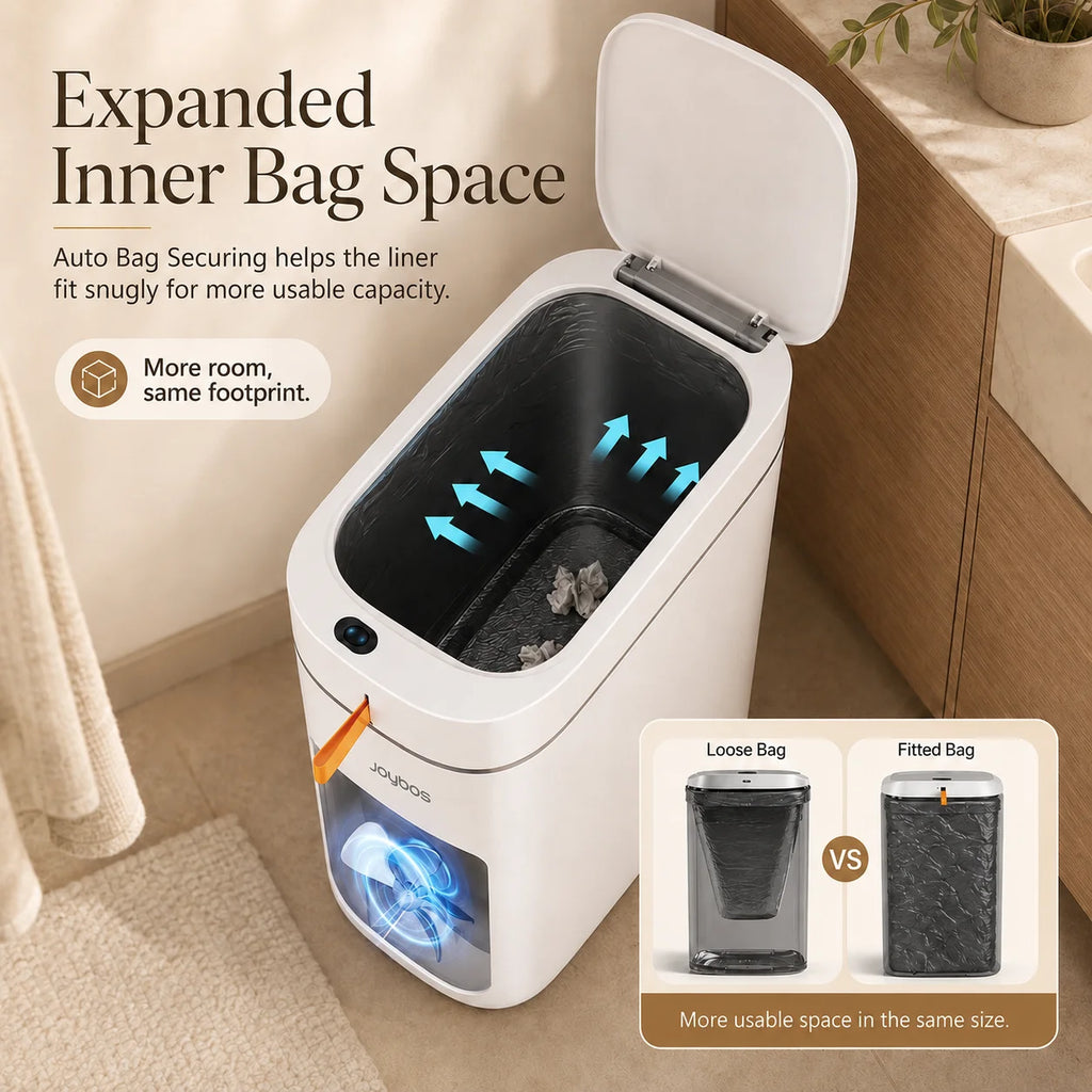 Smart Trash Can with Auto-Lining, Touchless Sensor Garbage Bin + Free Drawstring Bags, No-Mess Pull & Lift Wastebasket