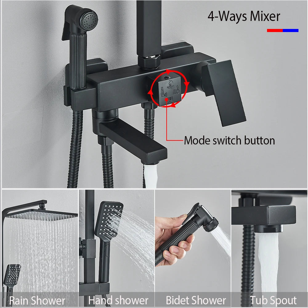 Rainfall Shower Faucet Set with Bathroom Shelf, Height-Adjustable Brass Bathtub Mixer